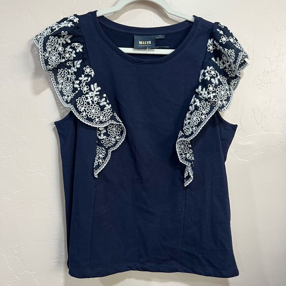 Anthropologie Navy Sleeveless Top with White Lace Ruffle Shoulders